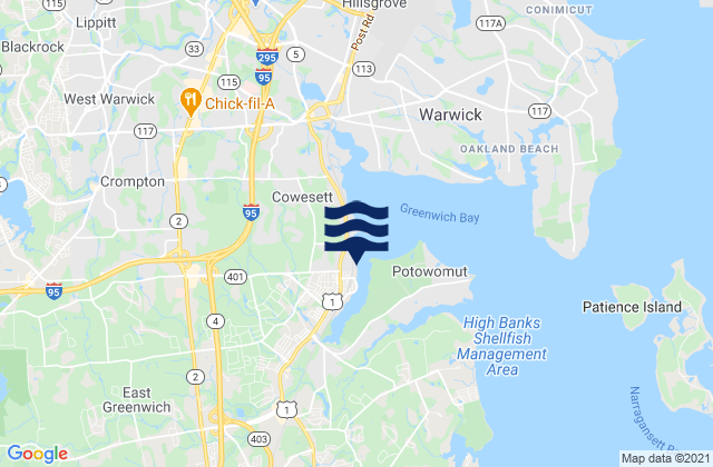 Mapa da tábua de marés em East Greenwich, United States