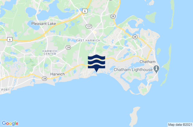 Mapa da tábua de marés em East Harwich, United States