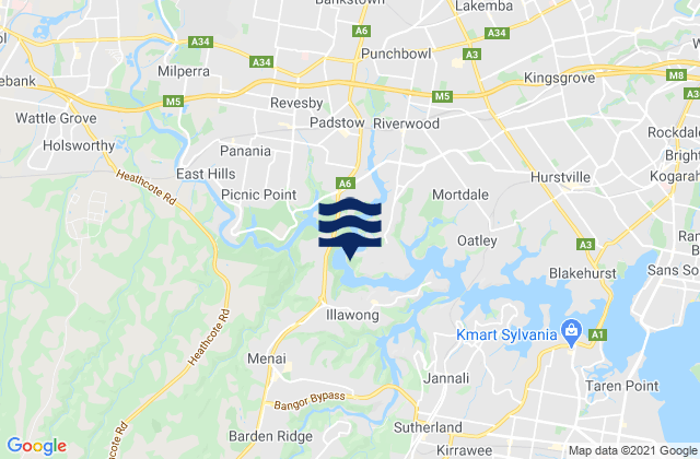 Mapa da tábua de marés em East Hills, Australia