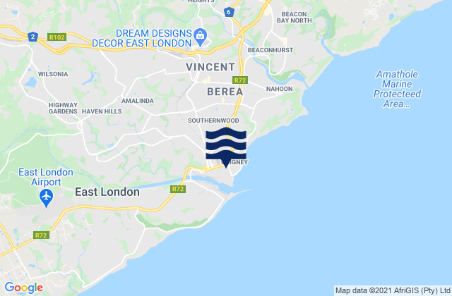 Mapa da tábua de marés em East London, South Africa