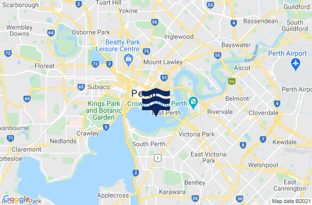 Mapa da tábua de marés em East Perth, Australia