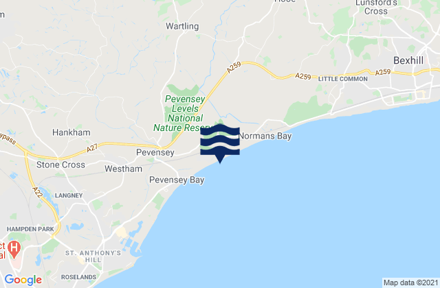 Mapa da tábua de marés em East Sussex, United Kingdom