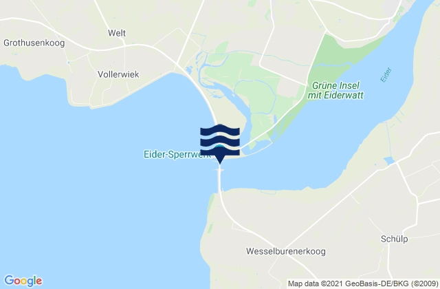 Mapa da tábua de marés em Eidersperrwerk, Denmark
