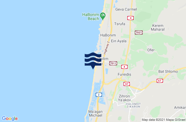 Mapa da tábua de marés em El Fureidīs, Israel