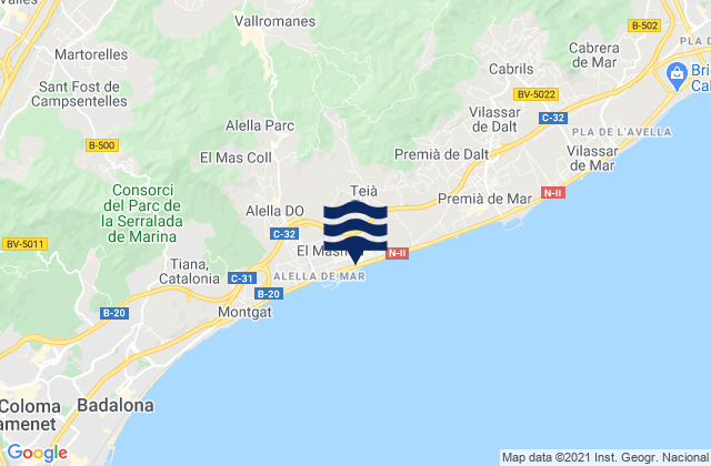 Mapa da tábua de marés em El Masnou, Spain