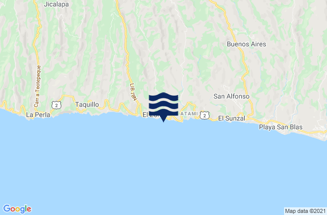 Mapa da tábua de marés em El Zonte, El Salvador