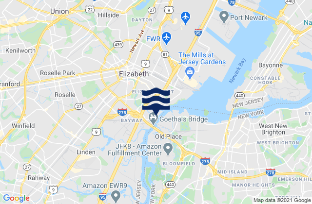 Mapa da tábua de marés em Elizabeth, United States