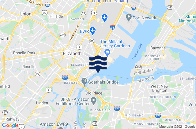 Mapa da tábua de marés em Elizabethport, United States