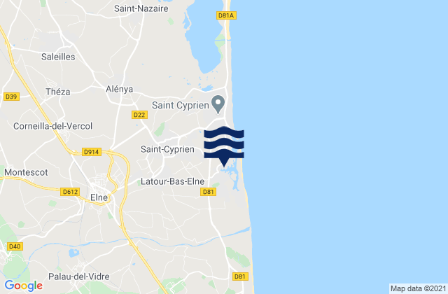 Mapa da tábua de marés em Elne, France