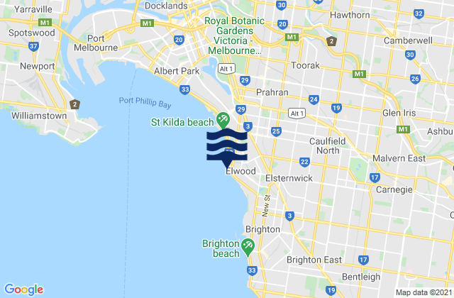 Mapa da tábua de marés em Elwood, Australia