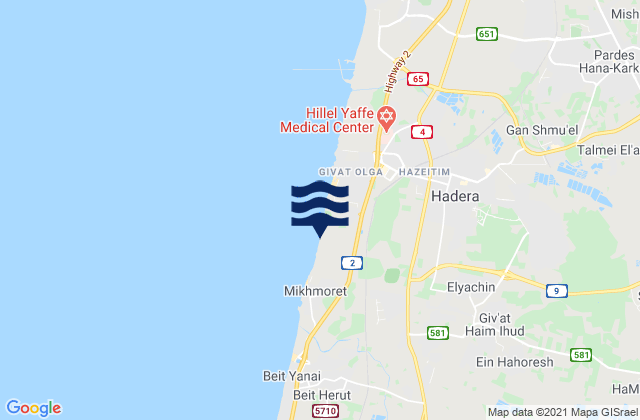 Mapa da tábua de marés em Elyakhin, Israel