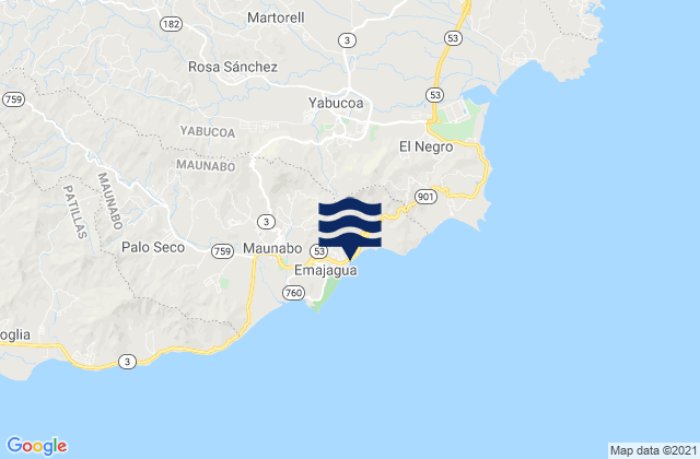 Mapa da tábua de marés em Emajagua Barrio, Puerto Rico