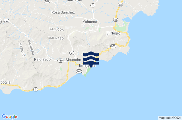 Mapa da tábua de marés em Emajagua, Puerto Rico