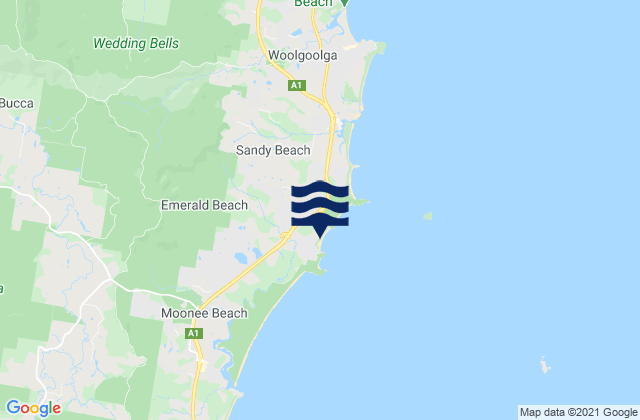 Mapa da tábua de marés em Emerald Beach, Australia