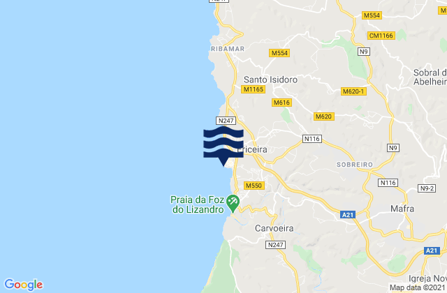 Mapa da tábua de marés em Ericeira, Portugal