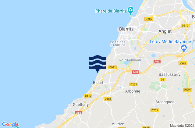 Mapa da tábua de marés em Erretegia, Spain
