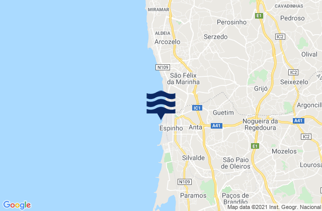 Mapa da tábua de marés em Espinho, Portugal