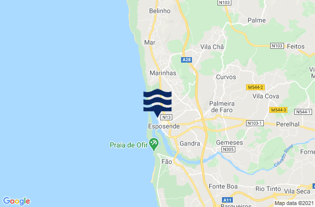 Mapa da tábua de marés em Esposende, Portugal
