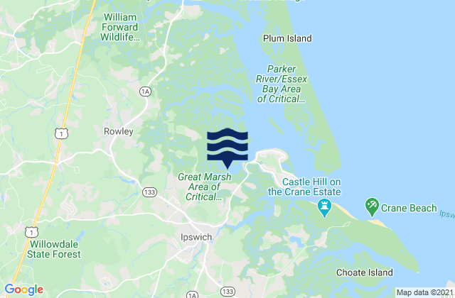 Mapa da tábua de marés em Essex County, United States