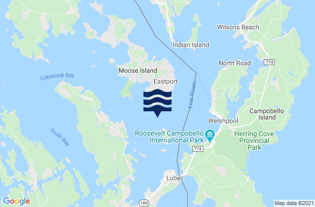 Mapa da tábua de marés em Estes Head Eastport, Canada