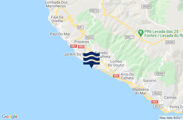 Mapa da tábua de marés em Estreito da Calheta, Portugal