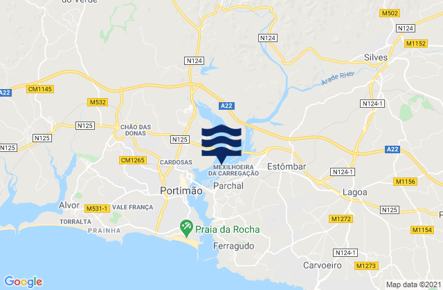 Mapa da tábua de marés em Estômbar, Portugal
