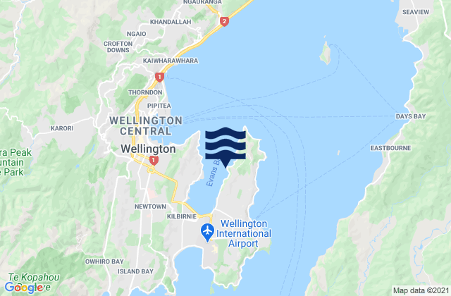 Mapa da tábua de marés em Evans Bay, New Zealand