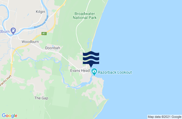 Mapa da tábua de marés em Evans Head-Airforce Beach, Australia
