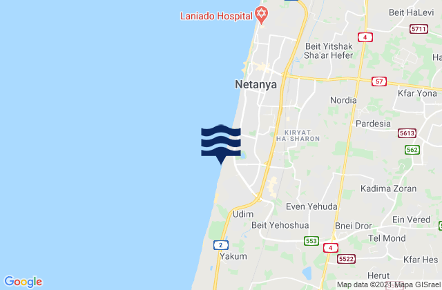 Mapa da tábua de marés em Even Yehuda, Israel