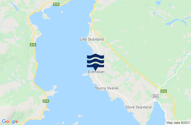 Mapa da tábua de marés em Evenskjer, Norway