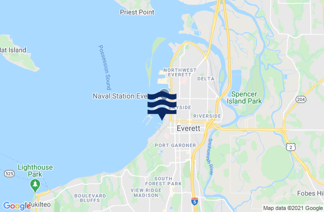 Mapa da tábua de marés em Everett, United States