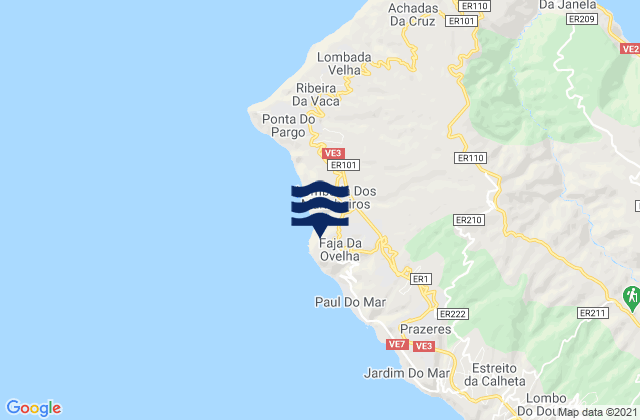Mapa da tábua de marés em Fajã da Ovelha, Portugal