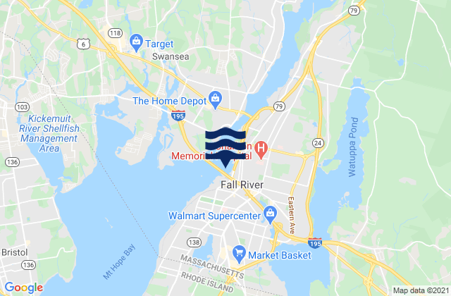 Mapa da tábua de marés em Fall River, United States