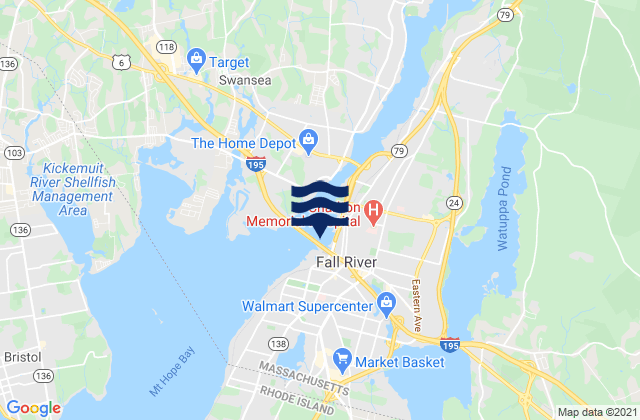 Mapa da tábua de marés em Fall River Massachusetts, United States