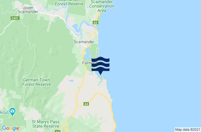 Mapa da tábua de marés em Falmouth, Australia