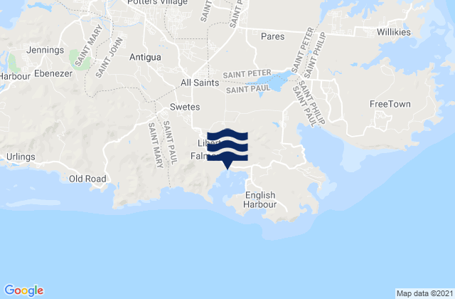 Mapa da tábua de marés em Falmouth, Antigua and Barbuda