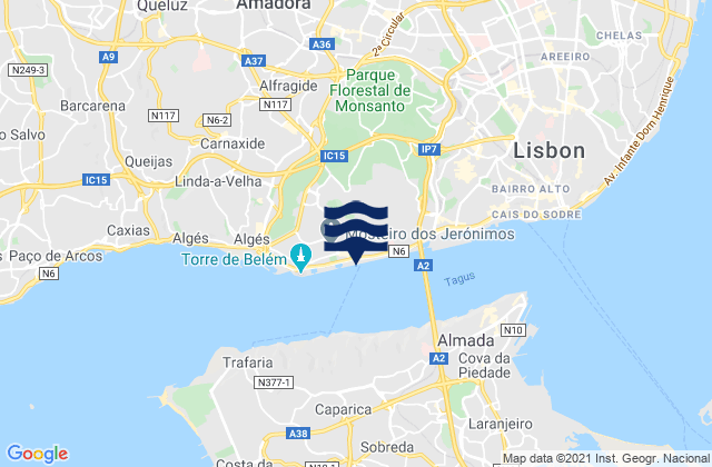Mapa da tábua de marés em Famões, Portugal
