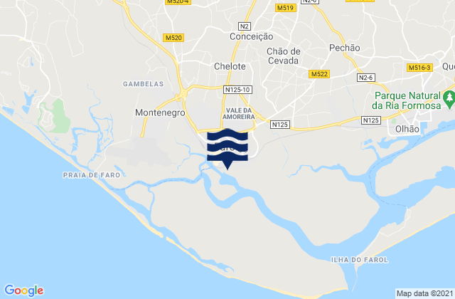 Mapa da tábua de marés em Faro, Portugal