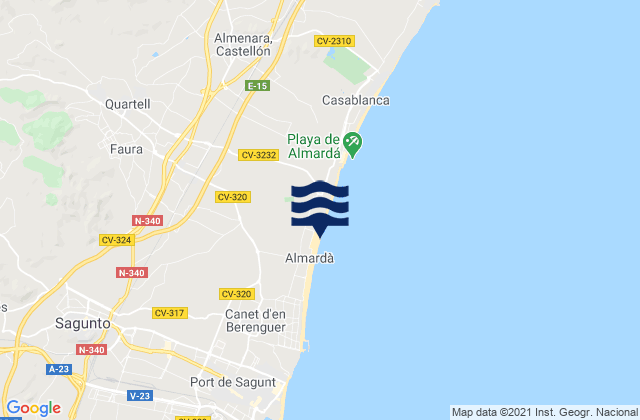 Mapa da tábua de marés em Faura, Spain