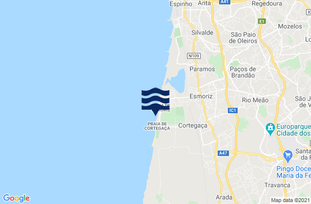 Mapa da tábua de marés em Feira, Portugal