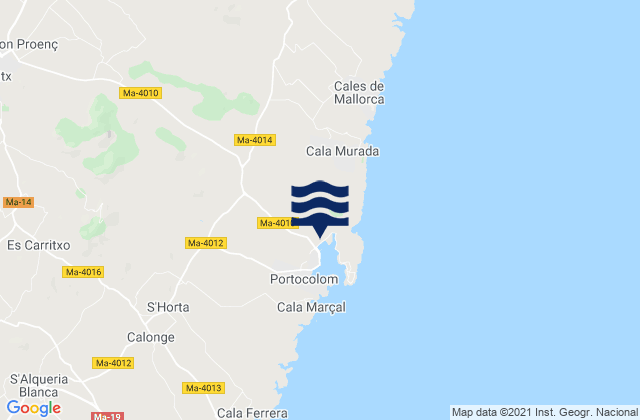 Mapa da tábua de marés em Felanitx, Spain