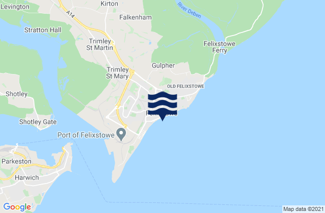 Mapa da tábua de marés em Felixstowe, United Kingdom