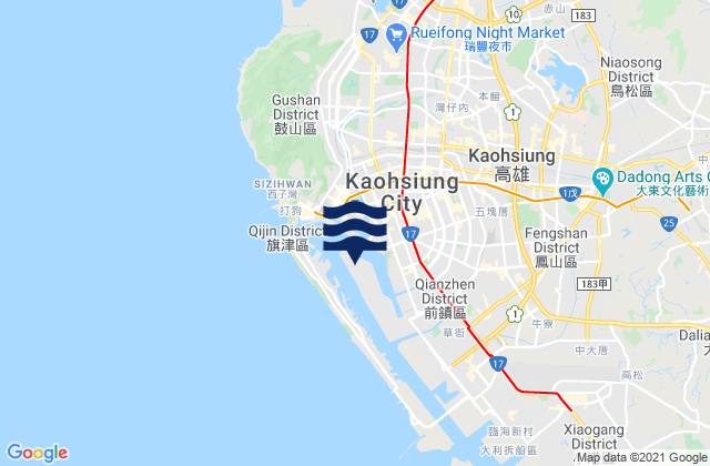 Mapa da tábua de marés em Fengshan, Taiwan