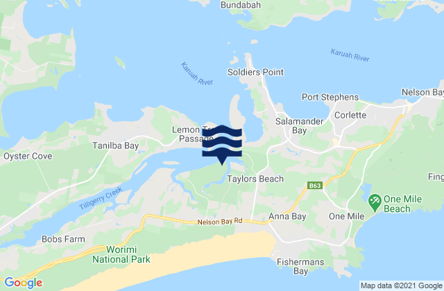 Mapa da tábua de marés em Fenninghams Island, Australia