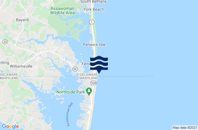 Mapa da tábua de marés em Fenwick Island, United States