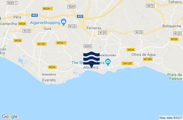 Mapa da tábua de marés em Ferreiras, Portugal
