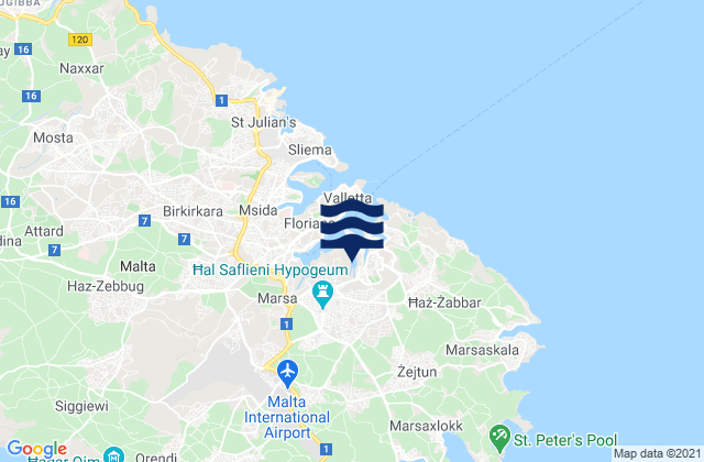Mapa da tábua de marés em Fgura, Malta