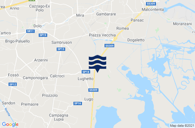 Mapa da tábua de marés em Fiesso, Italy