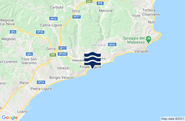 Mapa da tábua de marés em Finale Ligure, Italy