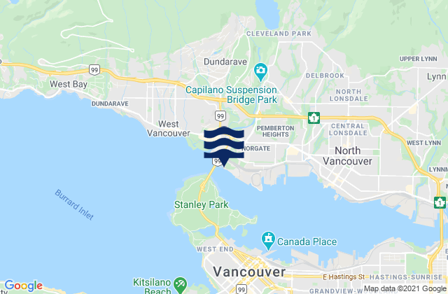 Mapa da tábua de marés em First Narrows, Canada